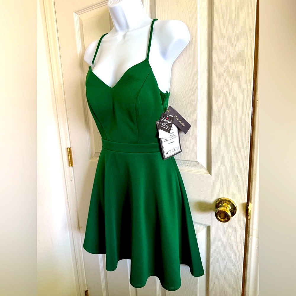 City Studio Rich Green Spaghetti Strap Fit and Flare Mini Dress